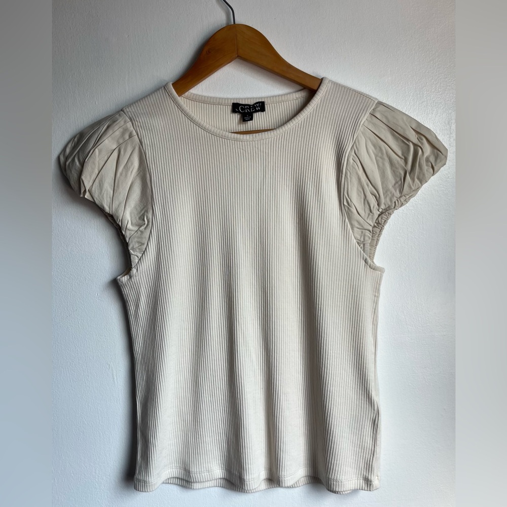 J.CREW Size L Vintage rib T-shirt with cotton poplin puff sleeves Cream